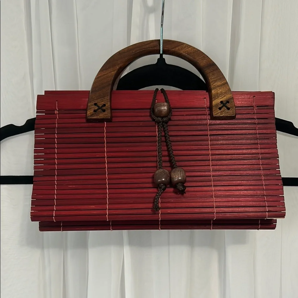 Elegant Red Bamboo Clutch with Wooden Handle